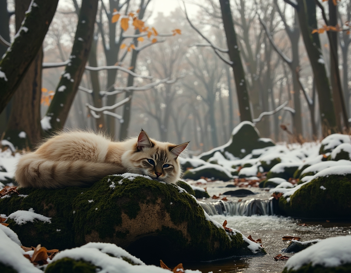 Cat relaxes on a mossy rock in a snowy woodland clearing, surrounded by snow-dusted trees and a peaceful stream, creating a tranquil moment in nature.
